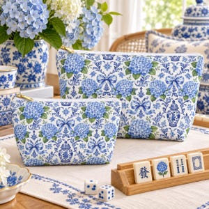 Mahjong-kakelväska, blå hortensia Chinoiserie-dragkedja, stor kakelförvaringsväska eller liten tillbehörsväska, Mah Jong-present