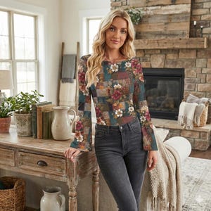 May include: A long-sleeved top with a patchwork floral design in shades of teal, brown, and burgundy. The top features a boat neck and flared sleeves. The model is wearing dark gray jeans.