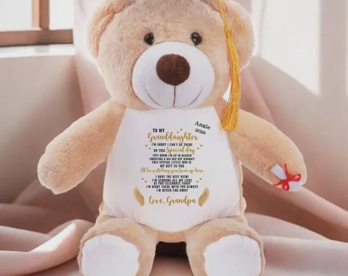 Personalized  Graduation Stuffed Bear Belly Print, Poem from Grandpa Angel To Granddaughter, Add Name and year, Graduation Gift for her