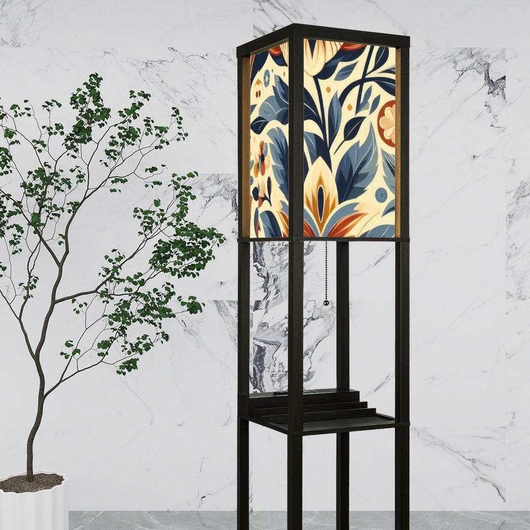 Retro Floral Floor Lamp With Shelves: Linen Shade, USB Ports (made in ...
