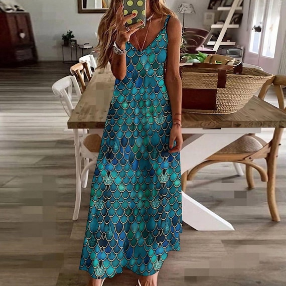 Mermaid Scale Maxi Dress for Women – Sleeveless Ankle Length All Over Print  Summer Dress