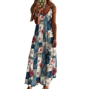 Floral Patchwork Maxi Dress, Red White Blue Sundress, 4th of July Dress Women, Boho Beach Dress, Summer Vacation Outfit, Coastal Maxi Dress image 9