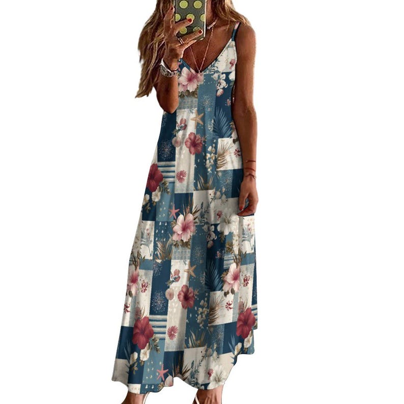 Floral Patchwork Maxi Dress, Red White Blue Sundress, 4th of July Dress Women, Boho Beach Dress, Summer Vacation Outfit, Coastal Maxi Dress image 9