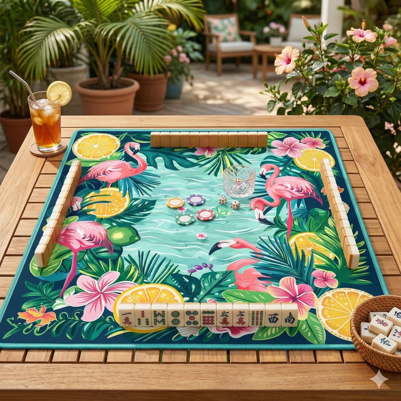 Flamingo Mahjong Mini Mat 20.9” Tropical Game Table Mat Portable Travel Mat Summer Beach Coastal Game Night Gift Non Slip Ships Rolled Up image 1