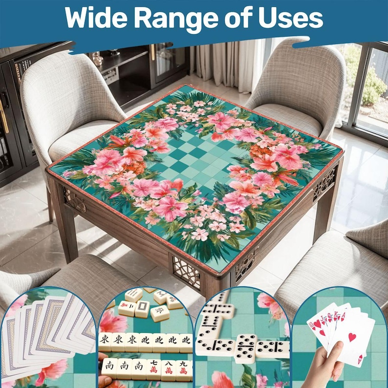 Floral Mahjong Mat 31.5x31.5 Tropical Hibiscus Mahjong Table Mat Non Slip Mahjong Game Mat Pink Green Tile Mat Gift for Mahjong Players Bild 2