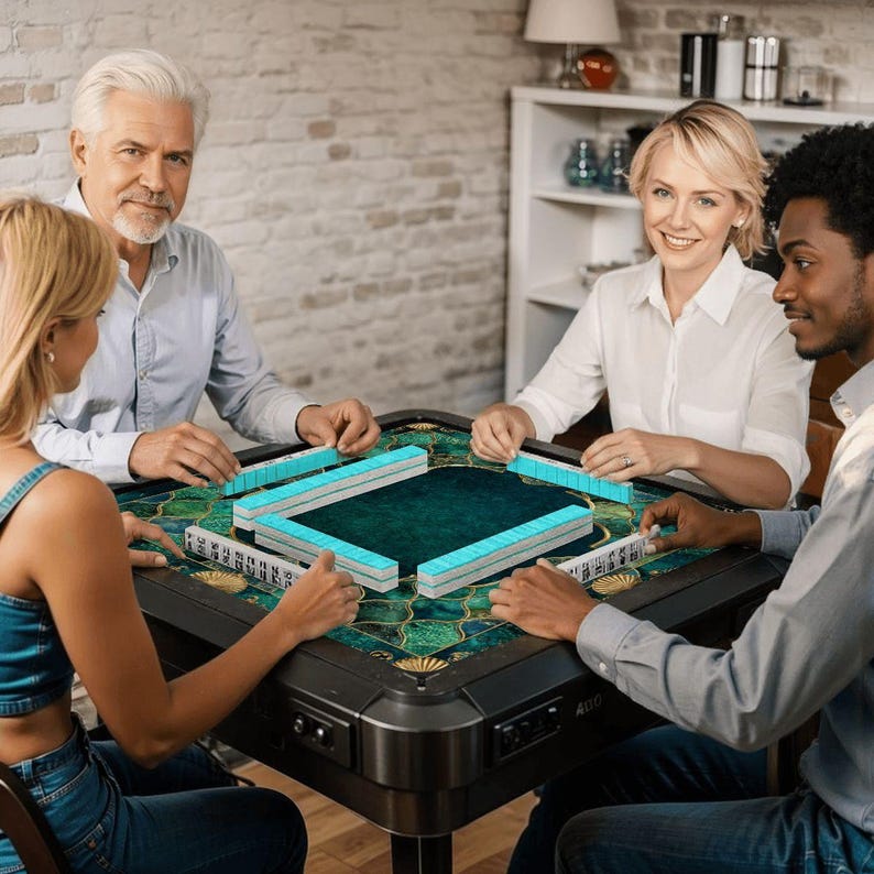 Emerald Coastal Mahjong Mat 33x33 Foldable Mahjong Game Mat with Storage Bag, Luxury Teal Gold Mahjong Table Cover, Mermaid Coastal Decor zdjęcie 8