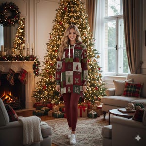 May include: A woman wearing a long-sleeved tunic and leggings set with a Christmas tree pattern. The tunic is a patchwork design in red, green, and gray, with white accents. The leggings are a solid burgundy color. The background features a decorated Christmas tree.