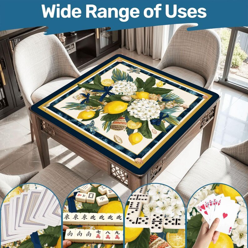 Coastal Lemon Mahjong Mat 31.5x31.5, Hydrangea Mahjong Table Cover, Blue Gold Mahjong Game Mat, Coastal Grandma Mahjong Decor Gift image 8