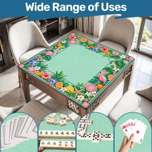 May include: A square game table with a light green surface featuring a border of pink flamingos, tropical flowers, oranges, and seashells. The text Wide Range of Uses appears above. Insets show playing cards, mahjong tiles, and dominoes.