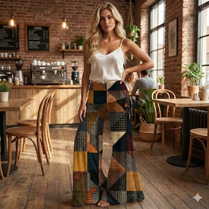 Patchwork Wide Leg Pants for Women, High Waist Boho Flare Pants, All-Over Print Retro Geometric Trousers