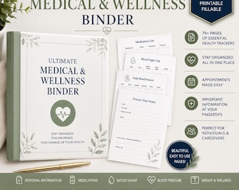 Medizinischer Ordner zum Ausdrucken, Gesundheitsplaner (PDF), Medikamenten-Tracker, Wellness-Organizer, Blutzuckerprotokoll, Pflegeplaner, ausfüllbare Vorlage im A4-Format