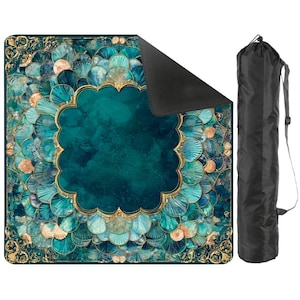 Mermaid Mahjong Mat 33x33, Coastal Mahjong Table Cover, Teal Shell Mahjong Mat, Foldable Travel Mahjong Mat with Storage Bag, Game Decor image 6