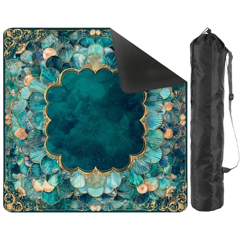 Mermaid Mahjong Mat 33x33, Coastal Mahjong Table Cover, Teal Shell Mahjong Mat, Foldable Travel Mahjong Mat with Storage Bag, Game Decor image 6