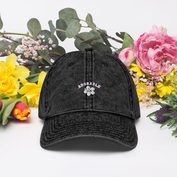 Embroidered "Adorable" w Hibiscus Flower on a Vintage Cotton Twill Cap, Hat for Outdoor Events, Birthday Present