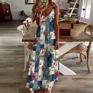Floral Patchwork Maxi Dress, Red White Blue Sundress, 4th of July Dress Women, Boho Beach Dress, Summer Vacation Outfit, Coastal Maxi Dress image 3