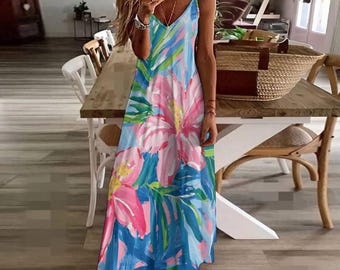Tropical Floral Maxi Dress: Sleeveless Pink Hibiscus Sundress