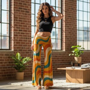 Retro 70s Wave Print Flare Pants | Fold-over Waist Wide Leg