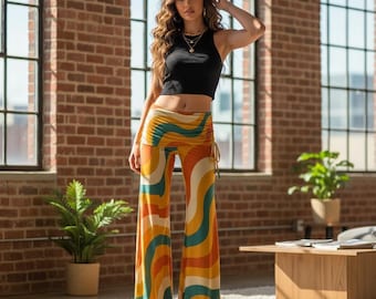 Retro 70s Wave Print Flare Pants | Fold-Over Waist Wide Leg Trousers for Women | High Waist Stretchy Boho Yoga Pants 2026