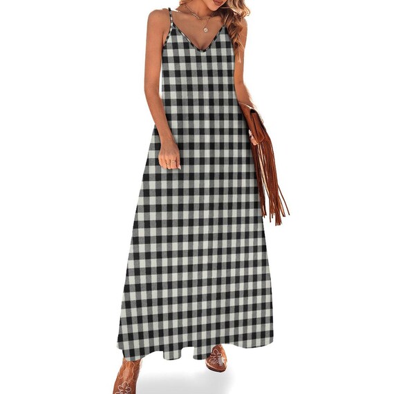 Black Gingham Maxi Dress: Sleeveless Checkered A-line Cottagecore