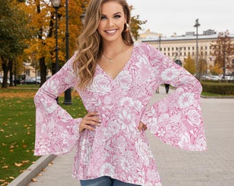 Floral Bell-Sleeve Blouse – Pink White V-Neck, Flowing Fit, Lightweight Top