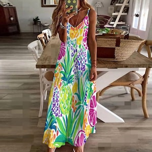 dress with fruit design Pink Fruit Print Cotton Maxi Dress - Casual Dresses