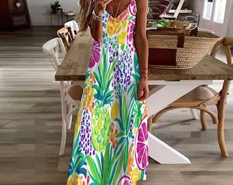 Tropical Fruit Print Maxi Dress: Sleeveless Polyester Summer Outfit