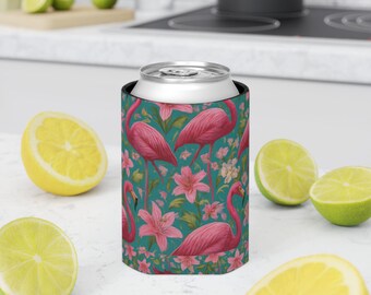 Enfriador de latas con estampado de flamencos rosas / Aislante para bebidas con diseño floral tropical