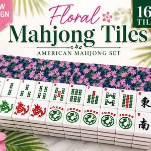 May include: Floral Mahjong Tiles American Mahjong Set with 166 tiles. The set features white tiles with green, red, and black symbols. The tile box has a blue floral pattern. The words "Floral Mahjong Tiles" are displayed in pink.