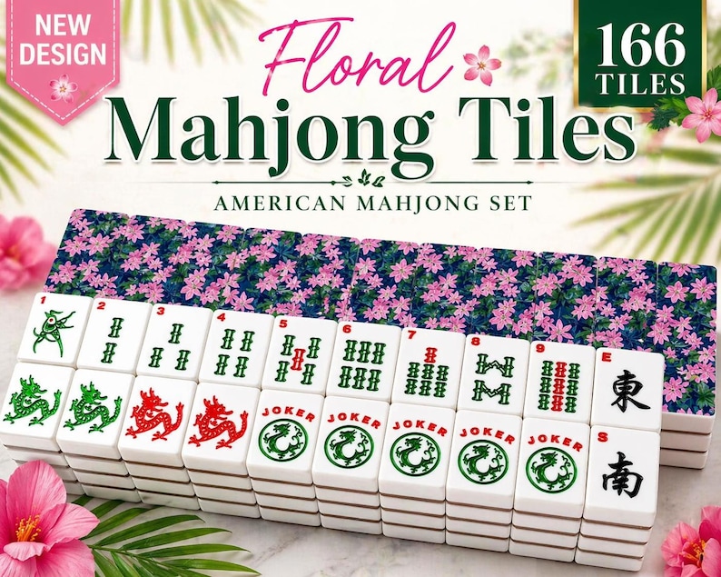 May include: Floral Mahjong Tiles American Mahjong Set with 166 tiles. The set features white tiles with green, red, and black symbols. The tile box has a blue floral pattern. The words "Floral Mahjong Tiles" are displayed in pink.