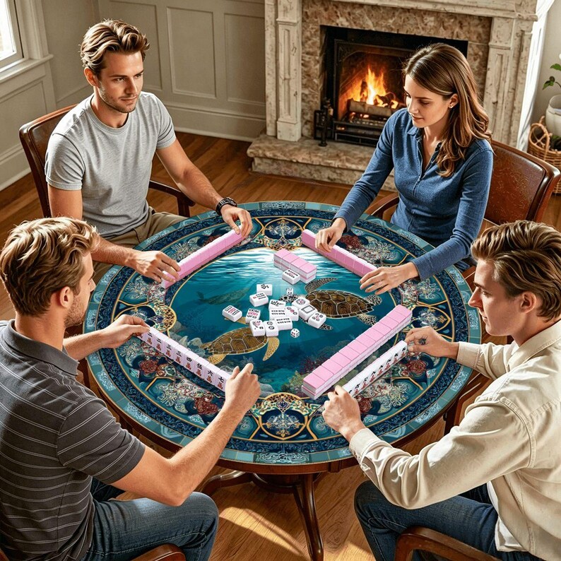 Sea Turtle Mahjong Mat 42 Inch Round, Coastal Mahjong Mat, Ocean Theme Mat, Beach House Mahjong Accessory, Turtle Lover Mahjong Table Cover image 7
