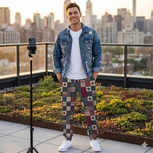 May include: Jogger pants with a patchwork design featuring stars, stripes, and squares in shades of red, blue, and beige. The pants have a drawstring waist and are paired with white sneakers. The person is wearing a white t-shirt and a blue denim jacket.