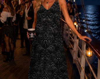 Black Gothic Damask Pirate Maxi Dress, Women's Ankle Length Slip Dress, Dark Romantic Dress, Gothic Halloween Dress, Pirate night dress,