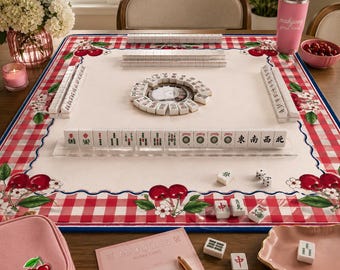 Tapis de mahjong vichy cerise 31,5 x 31,5 pouces, tapis de mahjong américain avec sac de rangement, tapis de jeu antidérapant, housse de table de mahjong, accessoires de mahjong