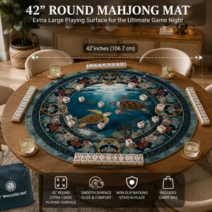 May include: A 106.7 cm round mahjong mat featuring a blue underwater scene with sea turtles, coral, and ornate circular borders. The mat includes mahjong tiles placed on the surface and a dark blue carry bag labelled 42" MAHJONG MAT.