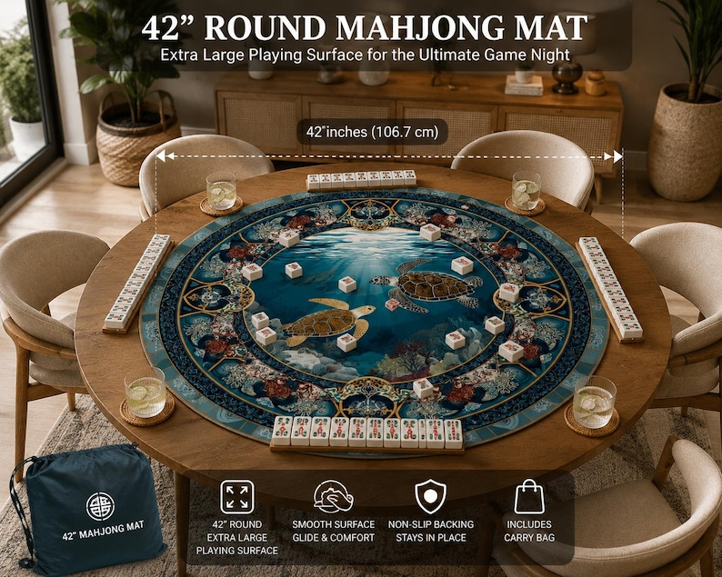 May include: A 106.7 cm round mahjong mat featuring a blue underwater scene with sea turtles, coral, and ornate circular borders. The mat includes mahjong tiles placed on the surface and a dark blue carry bag labelled 42" MAHJONG MAT.