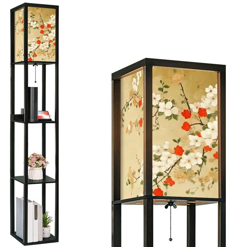 Japanese Floral Shelf Floor Lamp with Linen Shade, LED Bulb, USB & Outlet, 3 Tier Wood Storage Lamp for Living Room Bedroom Decor image 4