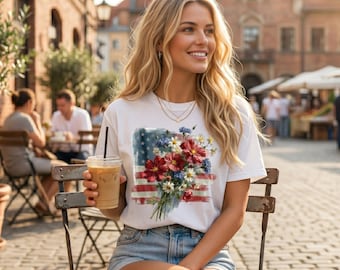 Camiseta con ramo de flores silvestres patrióticas, camiseta floral con la bandera estadounidense, camiseta Comfort Colors, camiseta del 4 de julio, camiseta gráfica vintage de EE. UU.