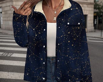 Celestial Constellation Fleece Jacket | Starry Night Sherpa-Lined Coat | Astrology Print Cozy Zip Jacket | Boho Winter Outerwear