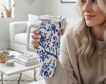 Chinoiserie Floral Tumbler: 40oz Insulated Coffee Cup with Handle & Straw