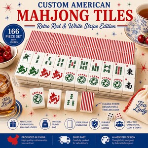 May include: A 166-piece set of custom American Mahjong tiles featuring a retro red and white stripe pattern on the backs. The white tiles display green and red engraved characters, dragons, and Joker symbols, organized in a clear acrylic tray.