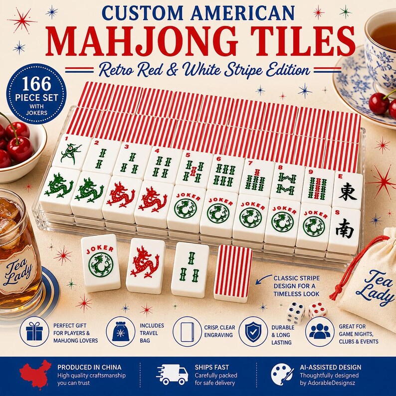 May include: A 166-piece set of custom American Mahjong tiles featuring a retro red and white stripe pattern on the backs. The white tiles display green and red engraved characters, dragons, and Joker symbols, organized in a clear acrylic tray.