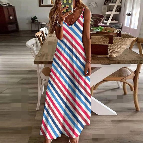 red white and blue midi dress Patriotic Striped Maxi Dress: 4th of July Sundress 100% Rayon Hand Wash lessonsinstyle JW ANDERSON Pleated Asymmetric Color:Dark gray