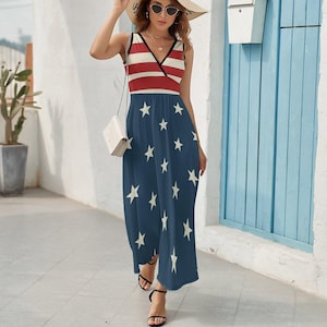 USA Flag Maxi Dress – Patriotic 4th of July Dress for Women – Sleeveless American Flag Dress – Summer Stars and Stripes Outfit 2025