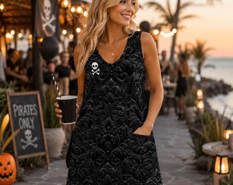 Black Gothic Damask Pirate Dress with Pockets,Halloween Costume Dress,Skull Crossbones Dress, Gothic Halloween Outfit, Pirate Party Dress