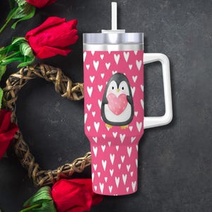 Hearts with Penguin 40 oz Tumbler with Handle, Travel Coffee Mug with Handle and Straw