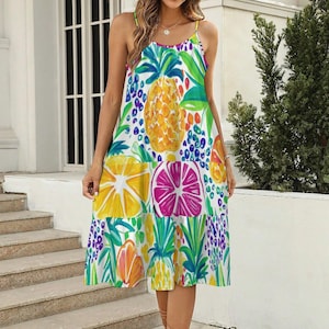Tropical Fruit Sundress 2025 – Colorful Citrus & Pineapple Tiered Dress – Summer Vacation Sleeveless Dress for Women