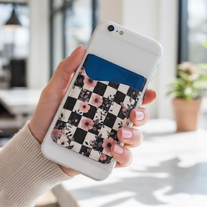 Checkered Floral Phone Wallet – Aesthetic Adhesive Card Holder – Black and White Retro Phone Pocket – Cute Gift for Her