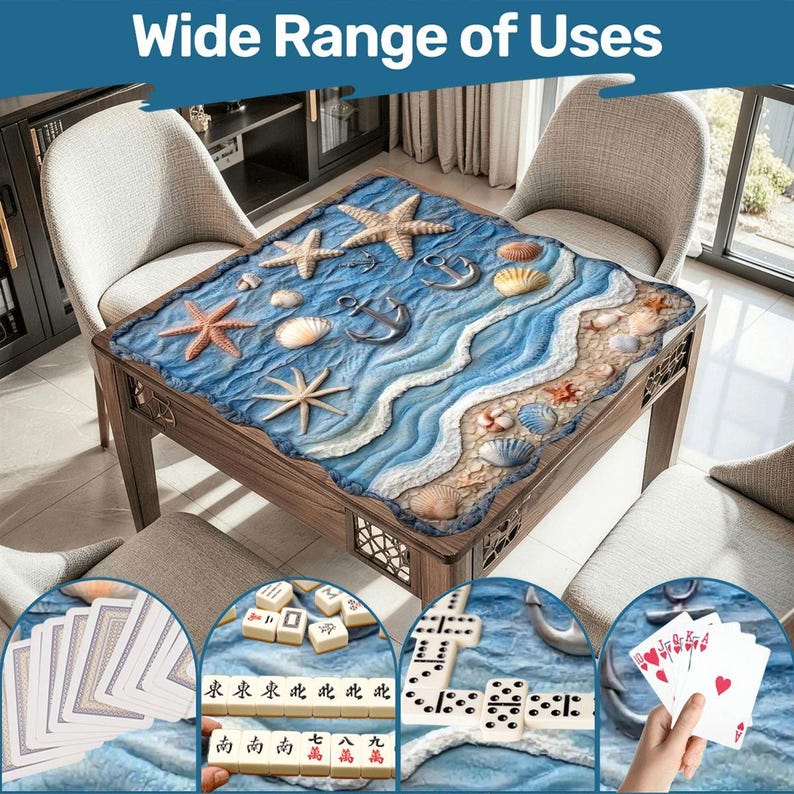 Coastal Scalloped Mahjong Mat 31.5x31.5, Beach Mahjong Table Mat, Ocean Shell, Nautical Game Mat, Foldable Travel Mahj Mat (Ships Folded) image 1