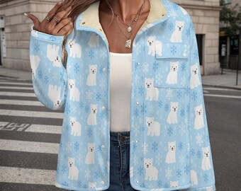 Polar Bear Fleece Jacket | Cozy Sherpa Lined Winter Coat | Blue Snowflake Print Jacket | Cute Animal Print Outerwear | Holiday Gift for Her