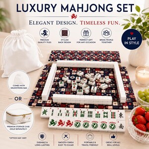 Peut inclure: Un ensemble de Mahjong de luxe avec des tuiles blanches, un sac &agrave; cordon et une option de coffret de rangement haut de gamme. L'ensemble comprend une surface de jeu &agrave; motifs et est con&ccedil;u pour un jeu &eacute;l&eacute;gant et un plaisir intemporel. Le texte dit "Luxury Mahjong Set".